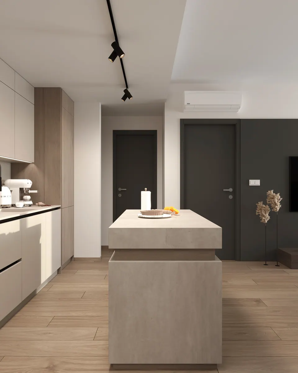 Kuchynský ostrov s doskou v dekore kameňa — byt v Eurovea City v Bratislave, 56 m²