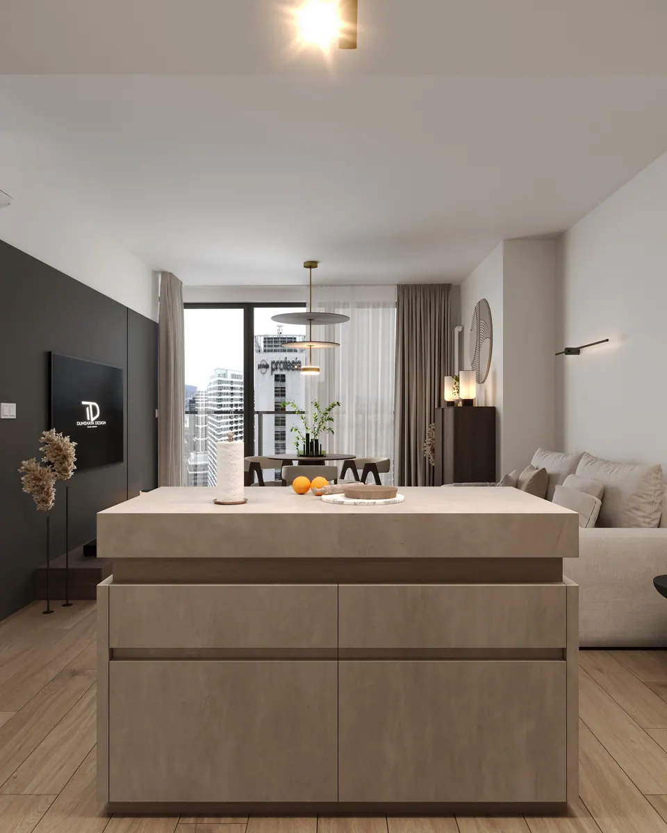 Kuchynský ostrov pred obývačkou — byt v Eurovea City v Bratislave, 56 m²