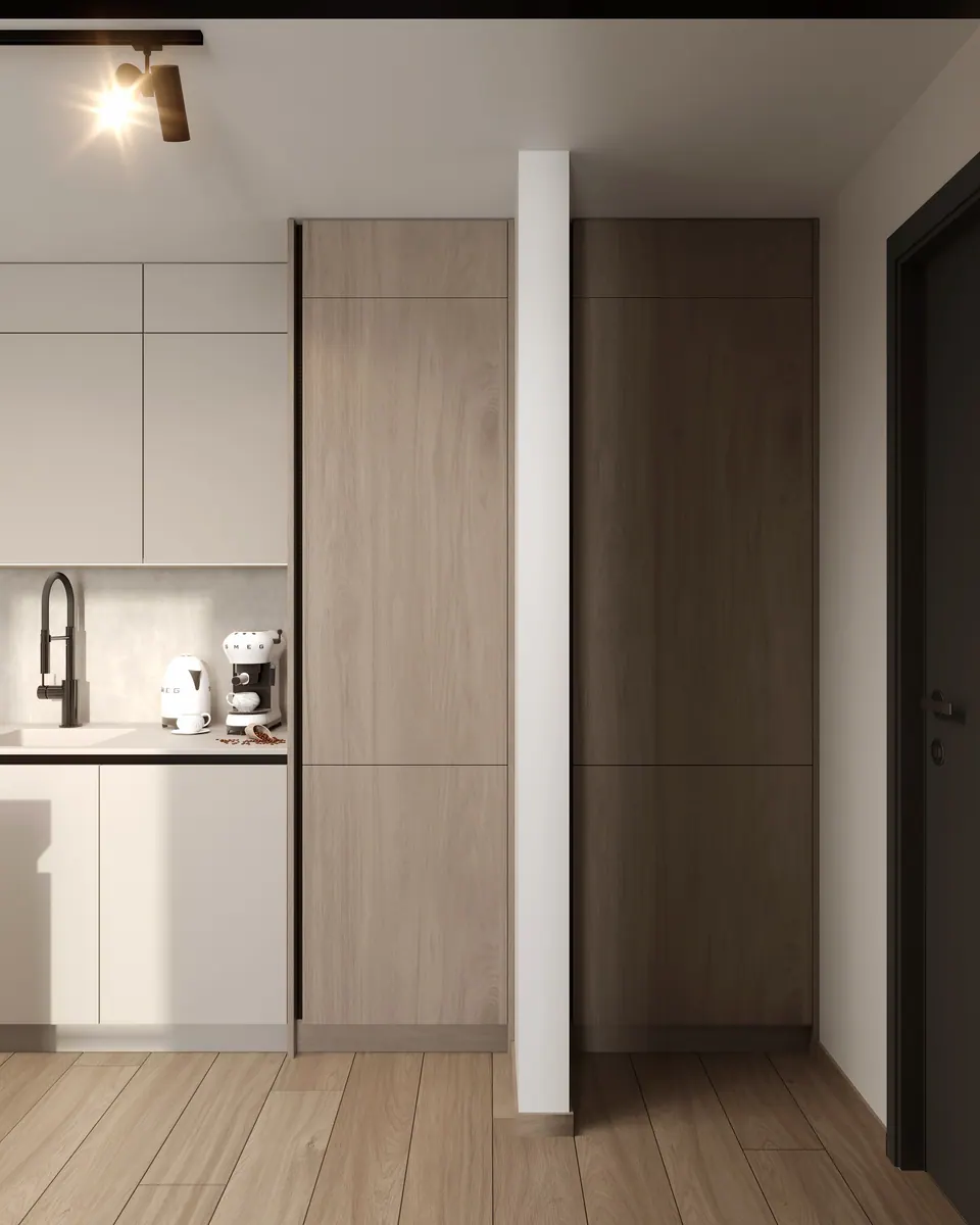 Vysoké skrine s drevenými dvierkami v kuchyni — byt v Eurovea City v Bratislave, 56 m²