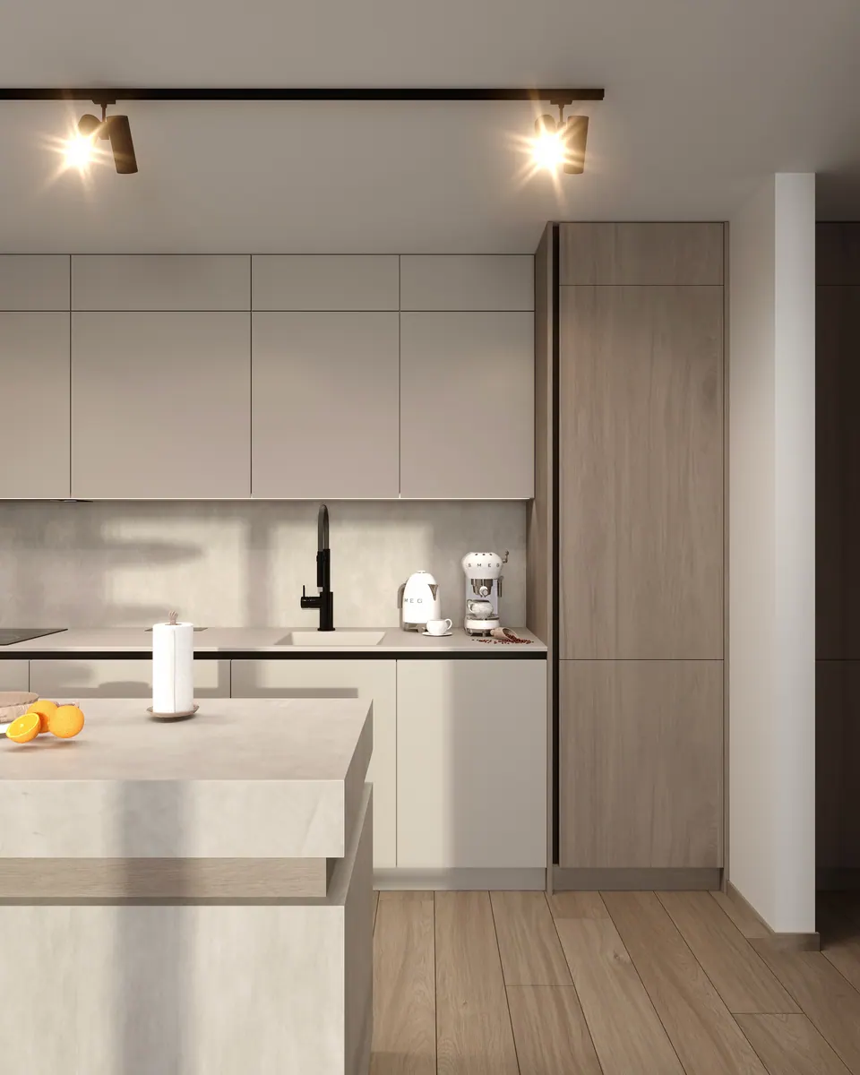 Kuchyňa s ostrovom, horné skrinky bez úchytiek — byt v Eurovea City v Bratislave, 56 m²