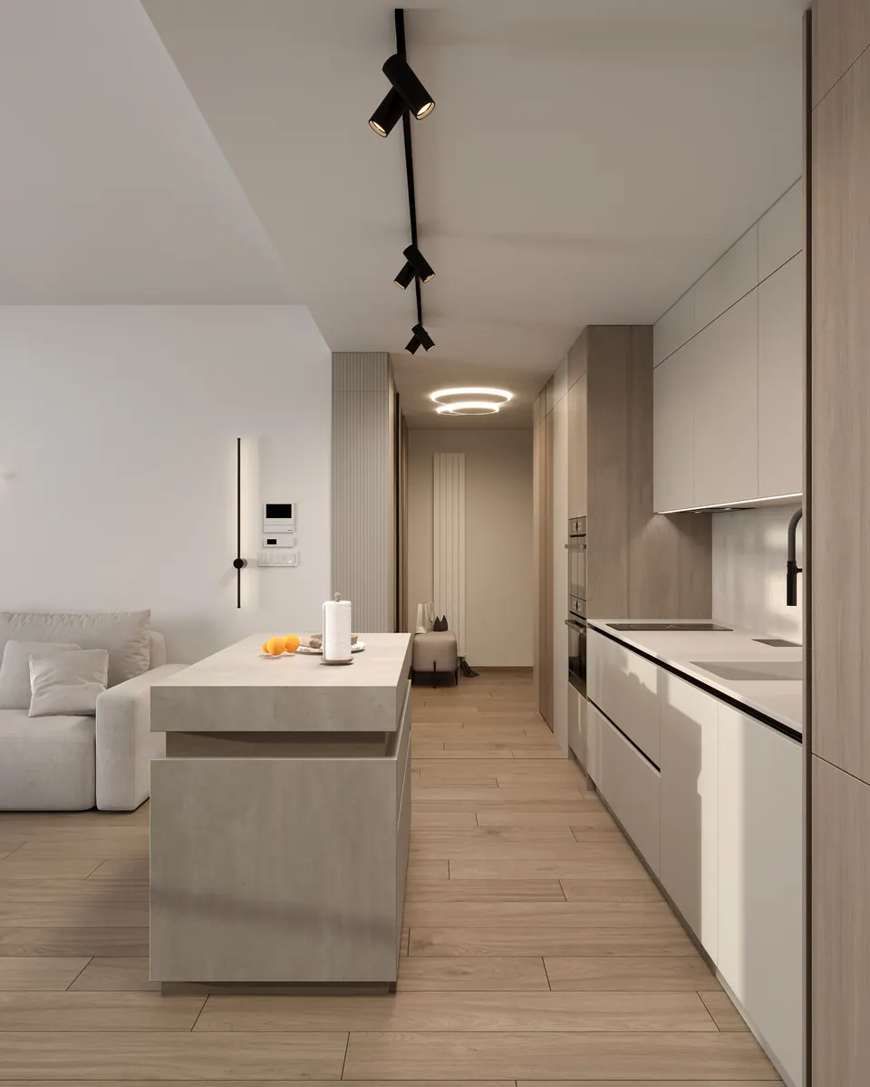 Kuchyňa s ostrovom, pohľad z chodby — byt v Eurovea City v Bratislave, 56 m²