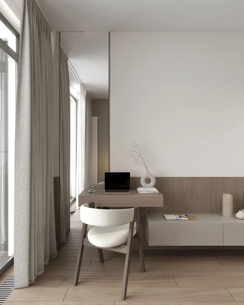 Pracovný stôl so závesnou skrinkou v spálni — byt v Eurovea City v Bratislave, 56 m²