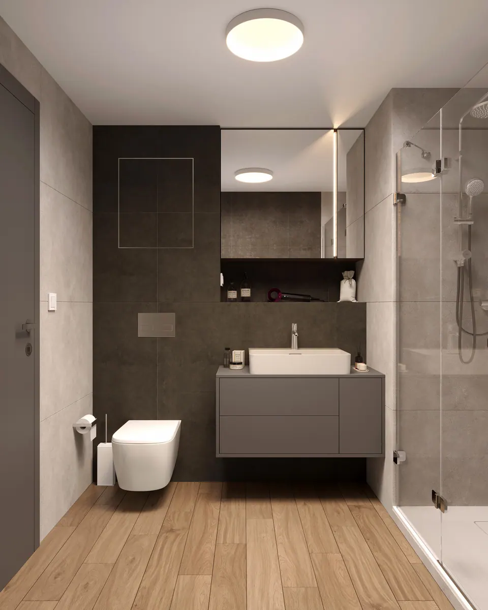 Kúpeľňa so sprchovacím kútom — byt v Eurovea City v Bratislave, 56 m²