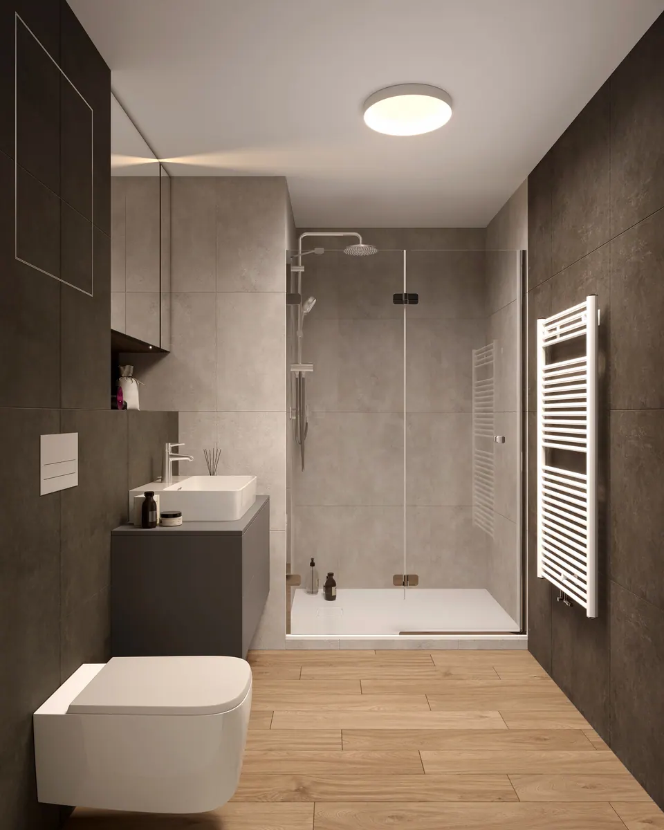 Kúpeľňa so závesným WC a vykurovacím rebríkom — byt v Eurovea City v Bratislave, 56 m²