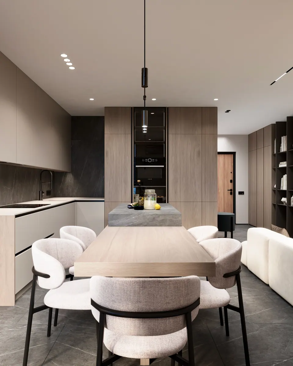 Jedálenský stôl pri kuchynskom ostrove — byt v Kyjeve, 80 m²