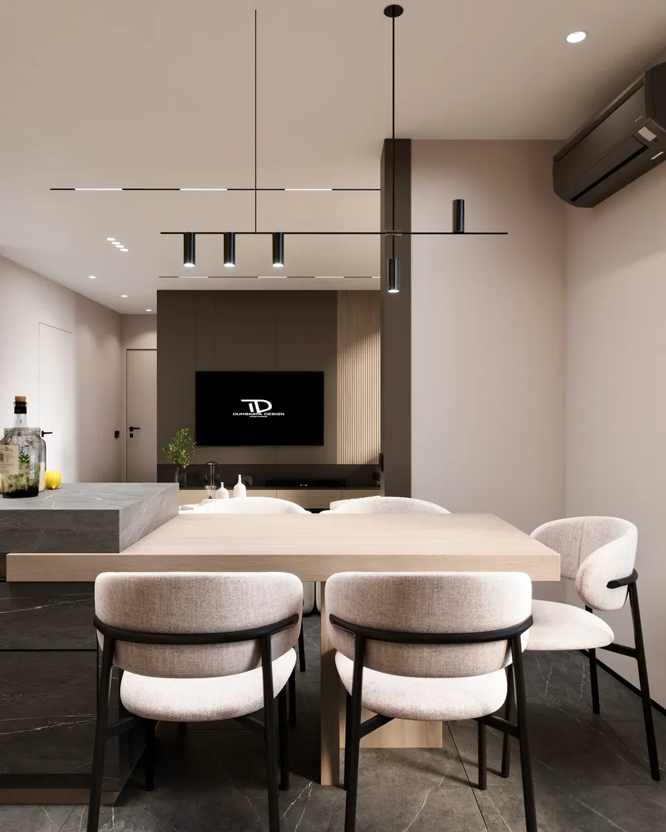 Jedálenský stôl pod lineárnym svietidlom — byt v Kyjeve, 80 m²