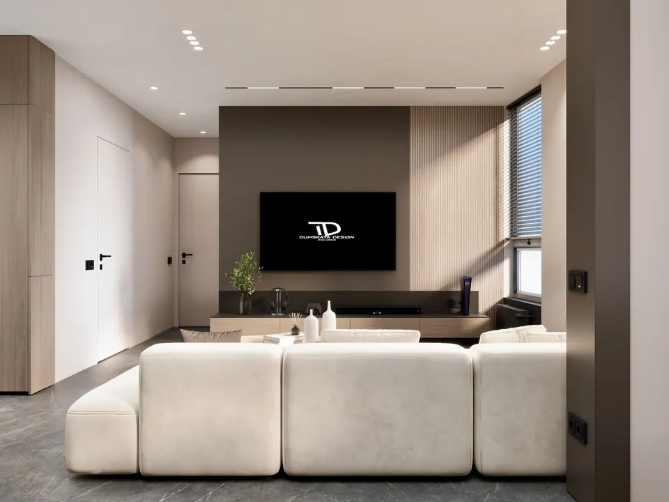 Obývačka so sedačkou a TV stenou — byt v Kyjeve, 80 m²