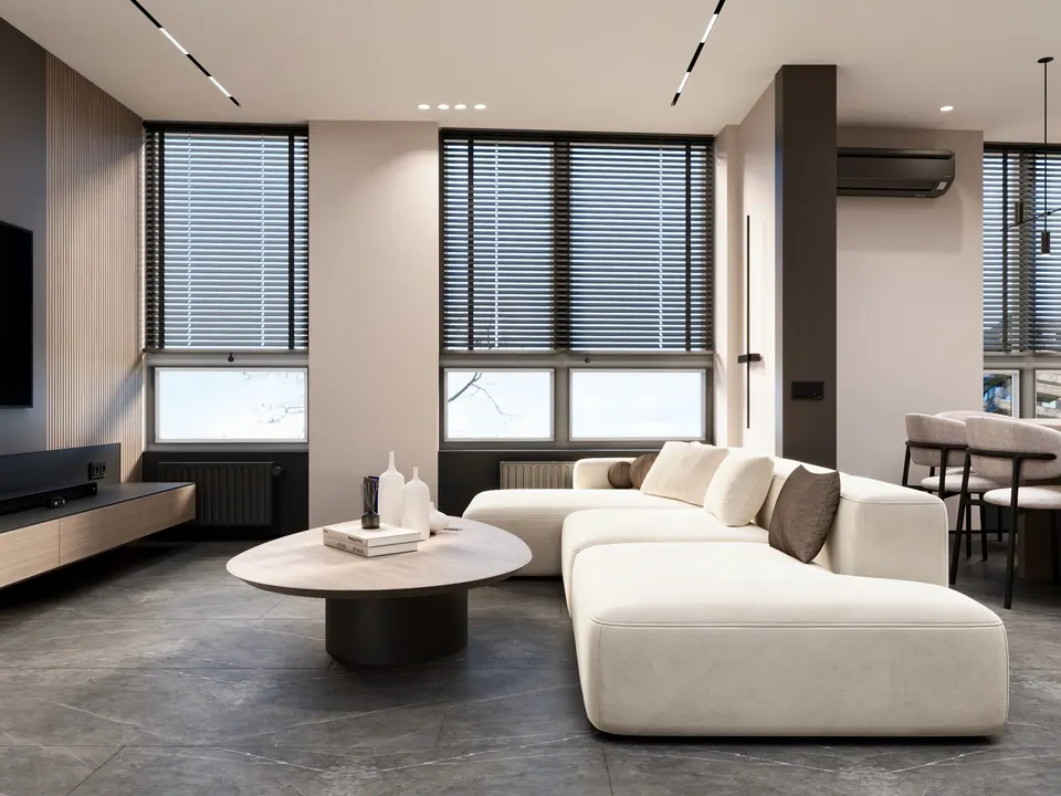 Obývačka so sedačkou pri oknách — byt v Kyjeve, 80 m²