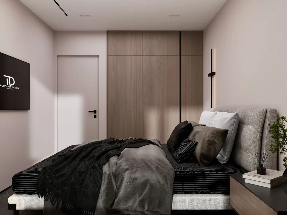 Hlavná spálňa, posteľ s čalúneným čelom — byt v Kyjeve, 80 m²