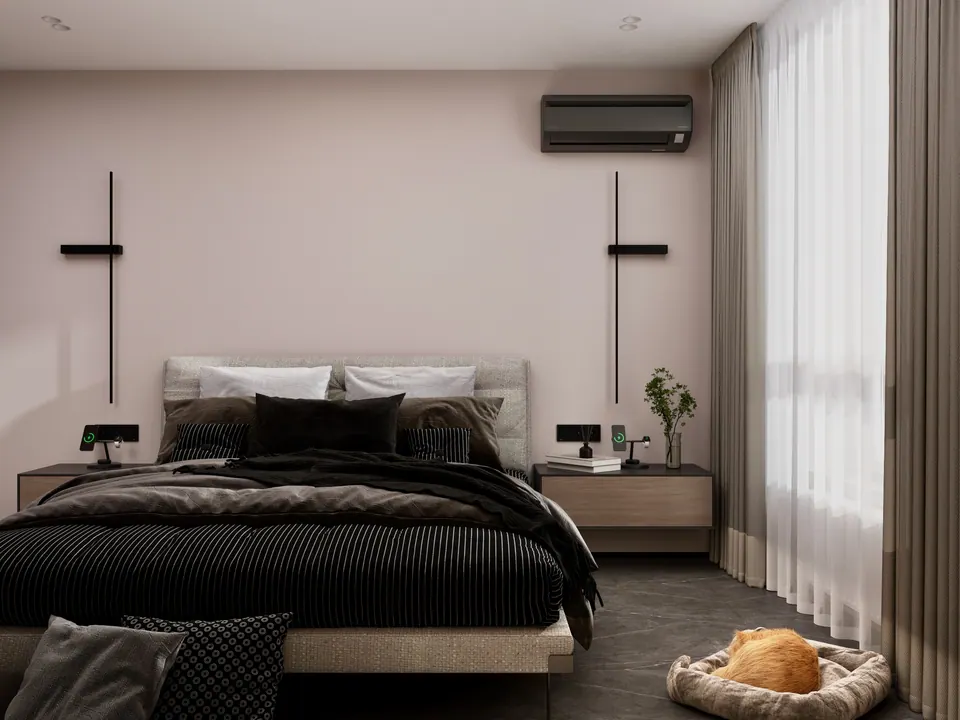 Posteľ a nočné stolíky v hlavnej spálni — byt v Kyjeve, 80 m²