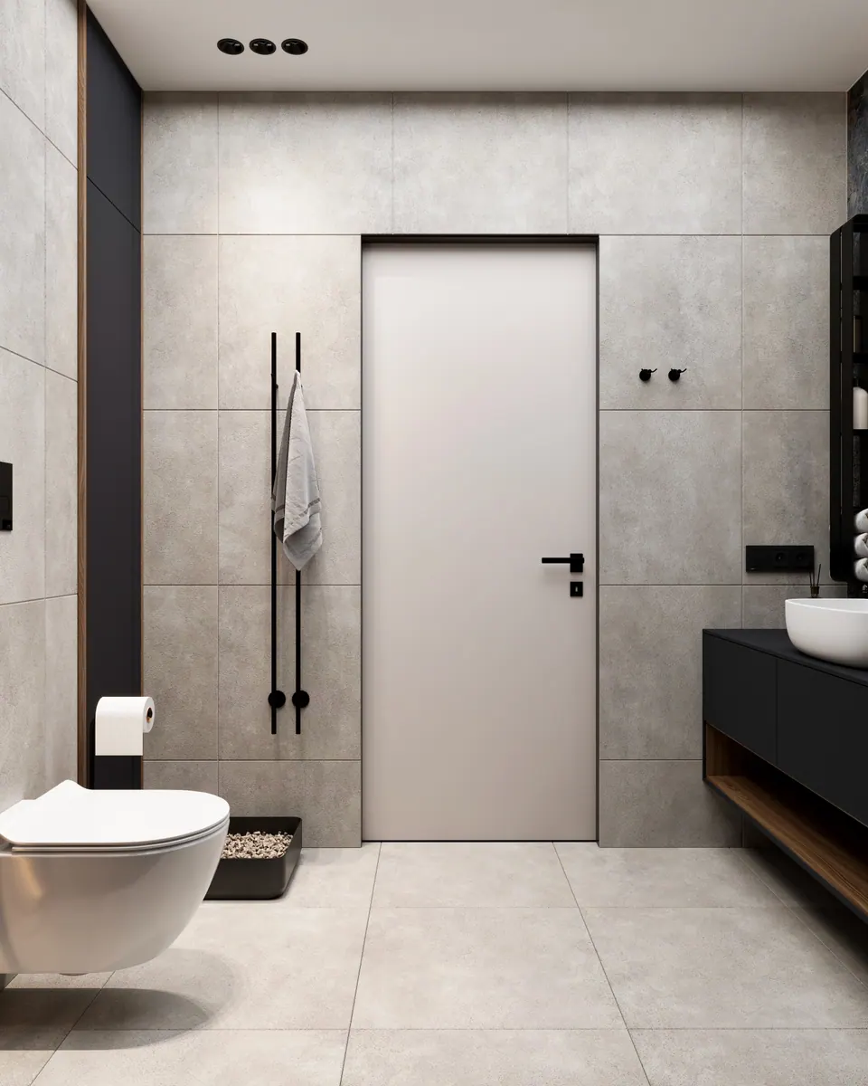 Kúpeľňa s čiernym vykurovacím rebríkom — byt v Kyjeve, 80 m²