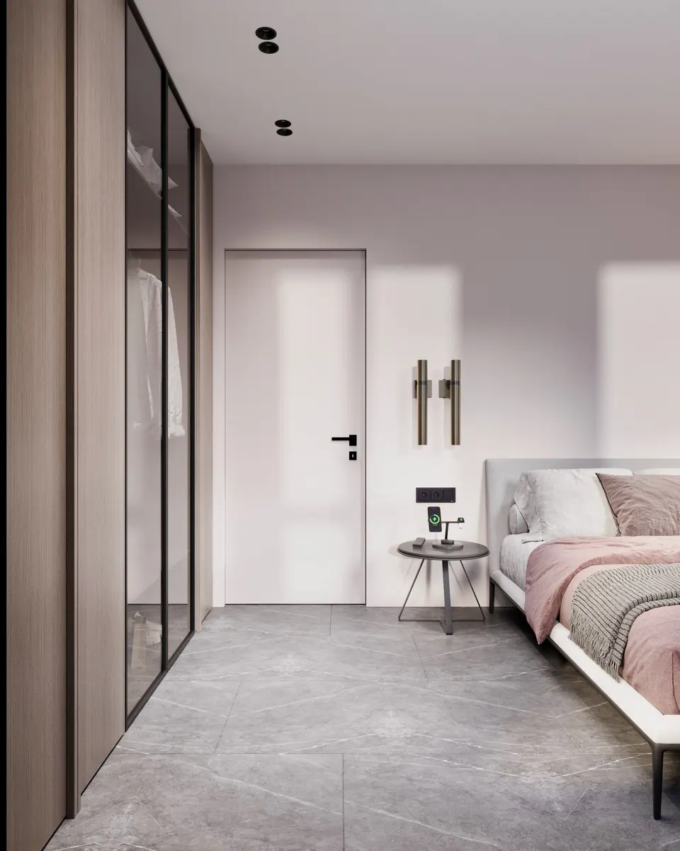 Skriňa so sklom v čiernom ráme v druhej spálni — byt v Kyjeve, 80 m²