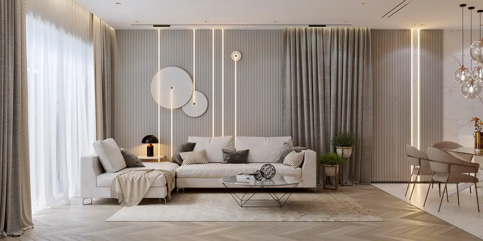 Wohnzimmer mit Sofa und Wandleuchten — Privathaus in München, 160 m²
