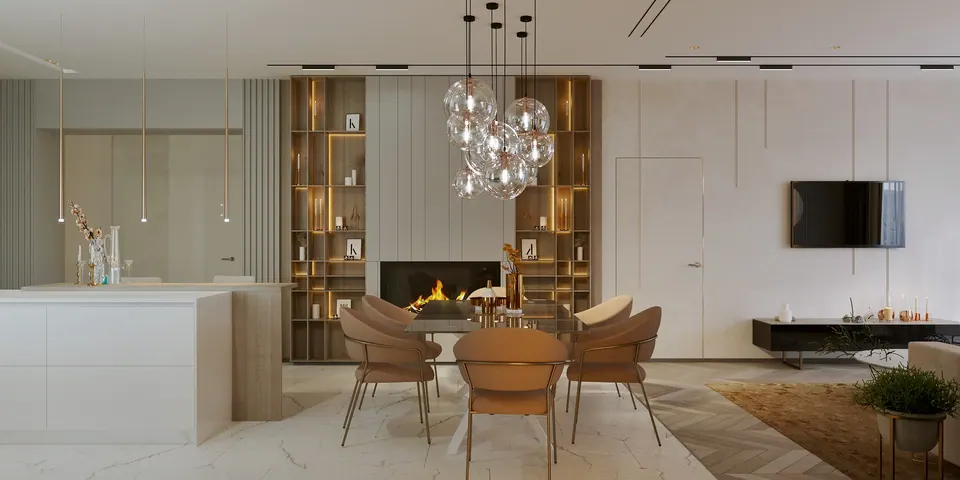 Essbereich mit beleuchtetem Regal — Privathaus in München, 160 m²