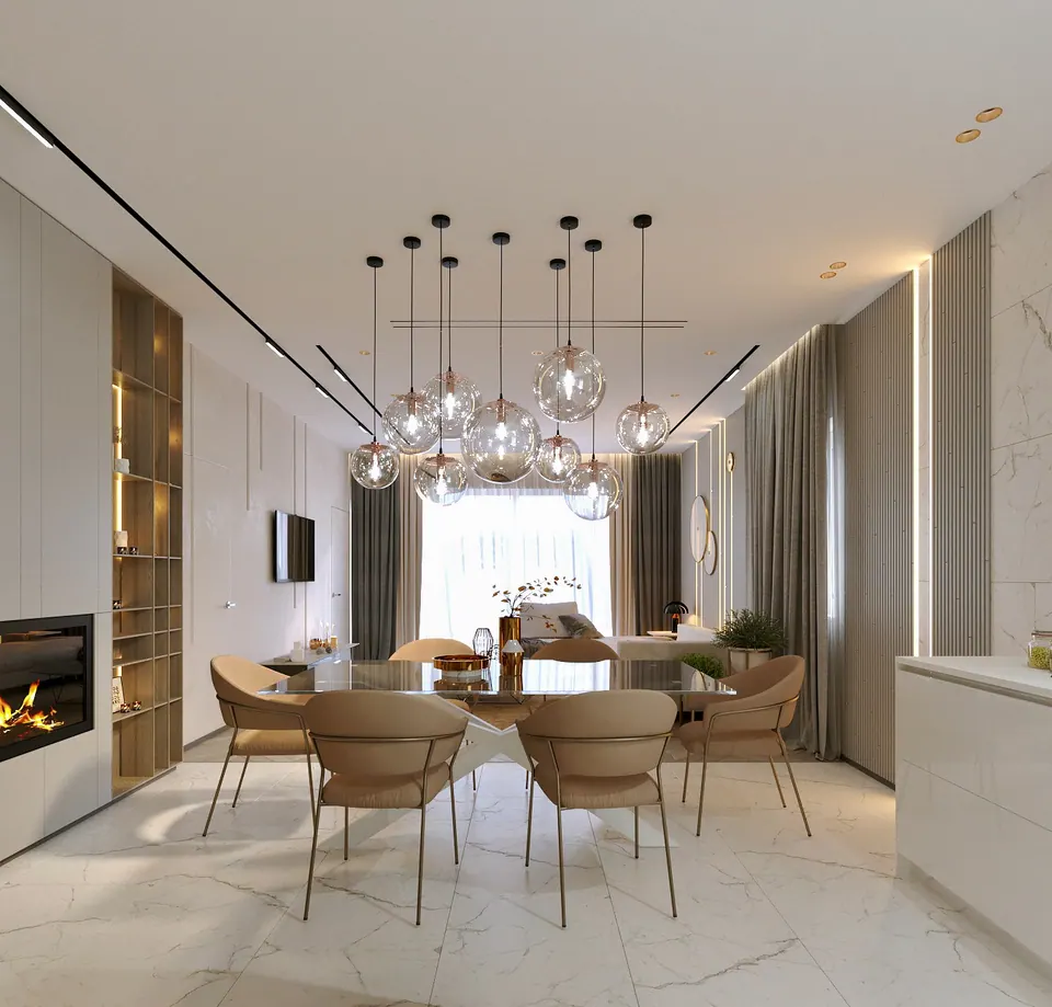 Essbereich und Einbauregal aus hellem Holz — Privathaus in München, 160 m²