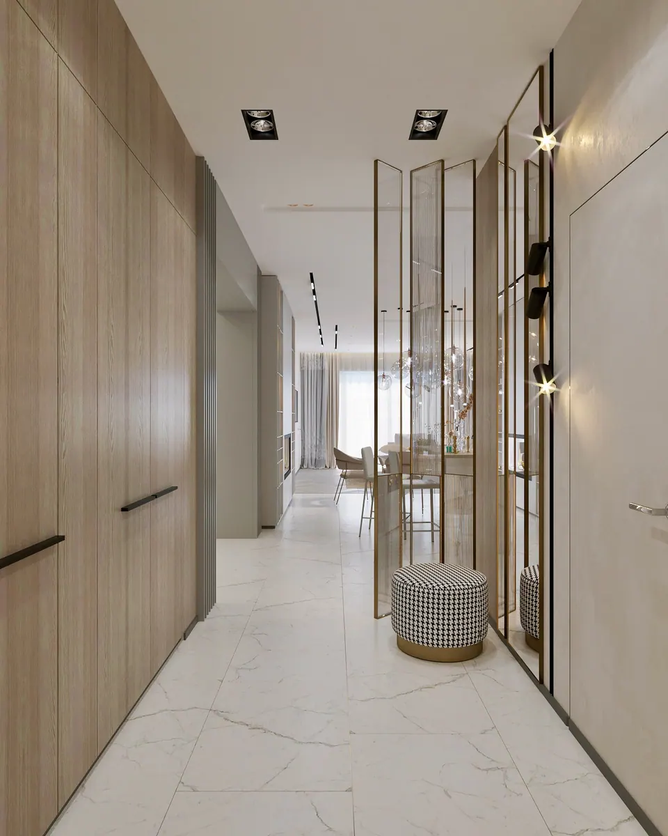 Gang mit Einbaukästen in Holz — Privathaus in München, 160 m²