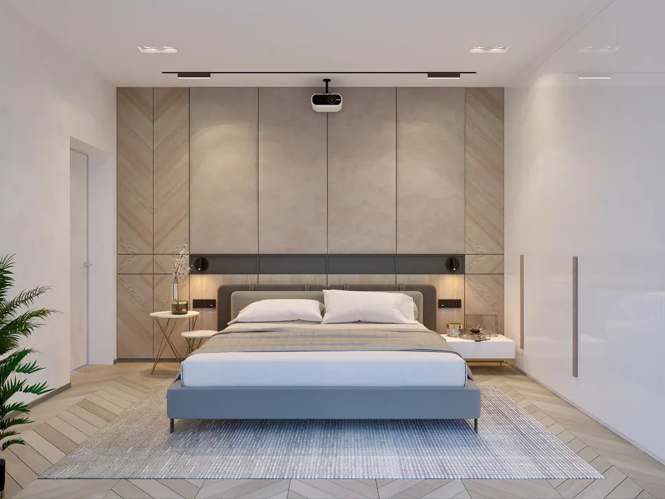 Schlafzimmer mit Wandpaneelen hinter dem Bett — Privathaus in München, 160 m²