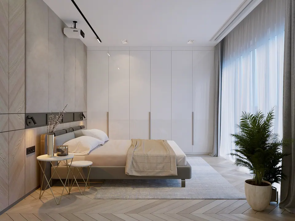 Schlafzimmer mit Kasten in weißem Hochglanz — Privathaus in München, 160 m²