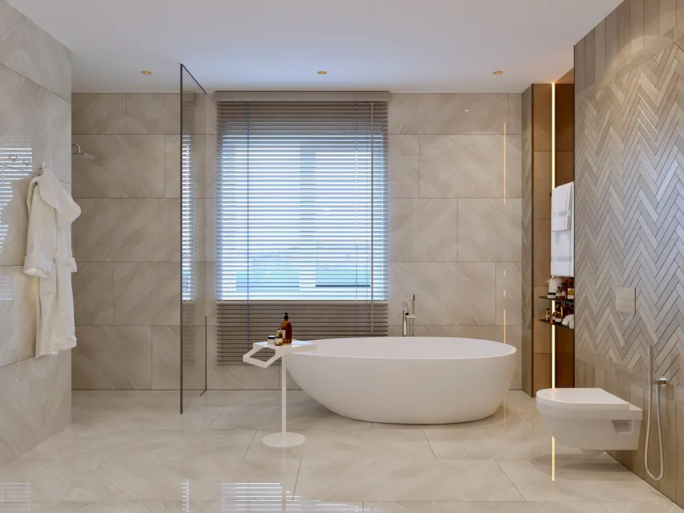 Hauptbad mit freistehender Badewanne — Privathaus in München, 160 m²