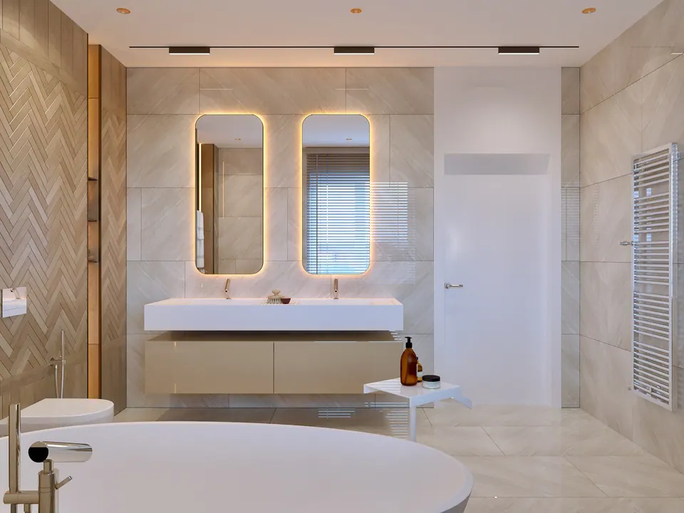 Konsole mit zwei Waschbecken und beleuchteten Spiegeln — Privathaus in München, 160 m²