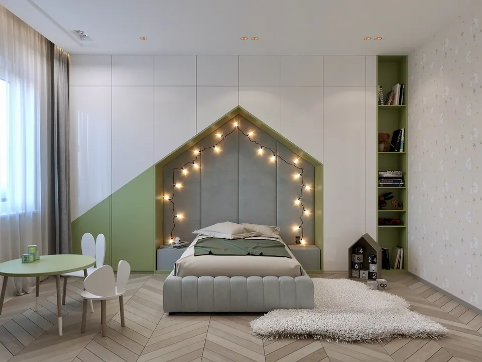 Kinderzimmer mit Bett unter einem Hausdach — Privathaus in München, 160 m²