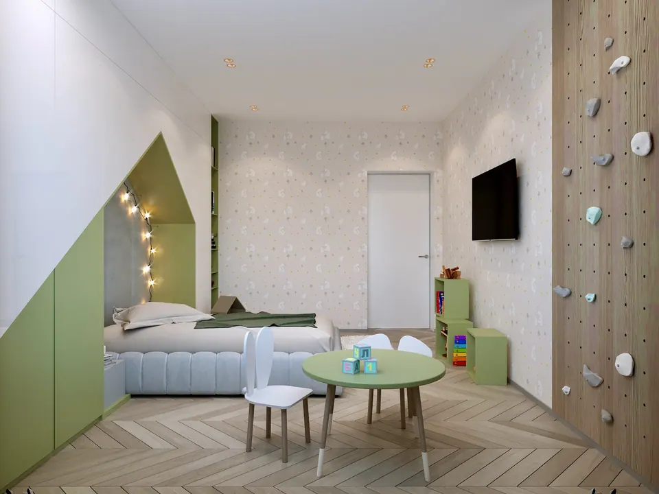 Kinderzimmer mit Kletterwand und Spielzeugregal — Privathaus in München, 160 m²